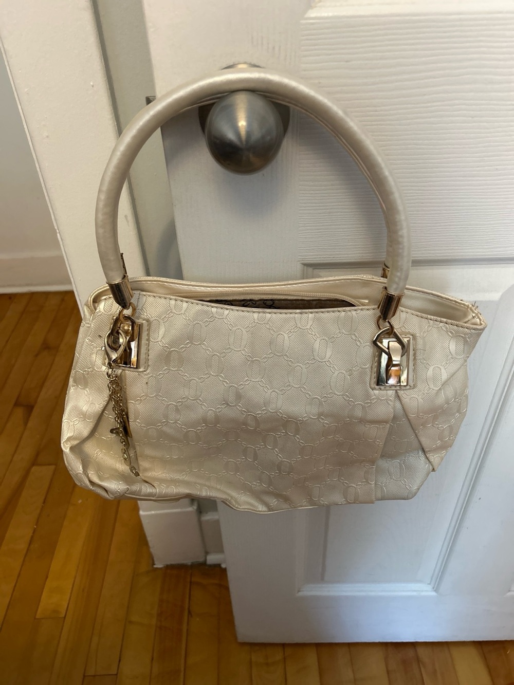 Oroton Cream Embossed Top Handle Bag — Gold Hardware